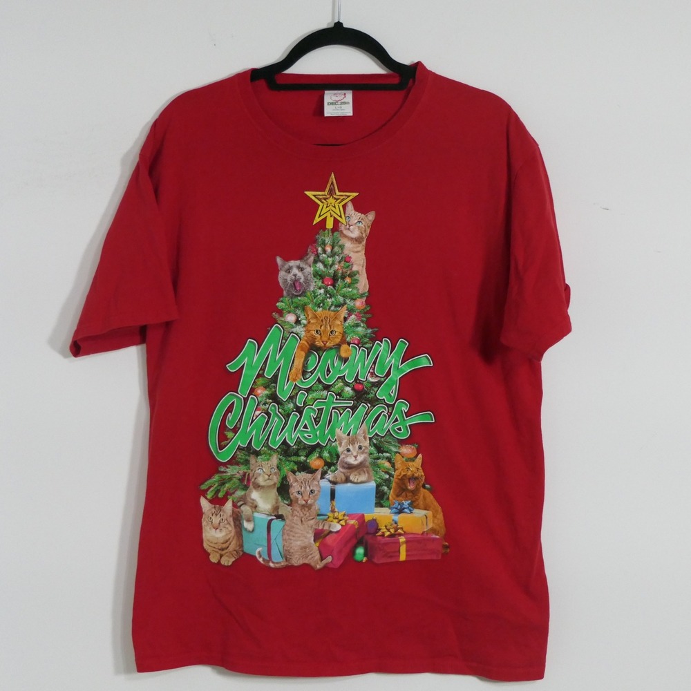 Dec 25th Womens T-Shirt  L‎ Red Meowy Christmas Cat Tree Festive Holiday Graphic